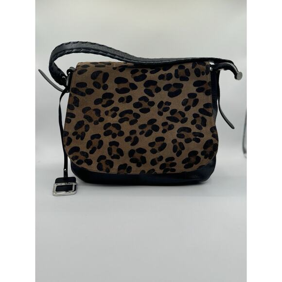 Innue Black Leather Leopard Print Suede Flap Italian Leather Shoulder Bag EUC - Picture 3 of 13